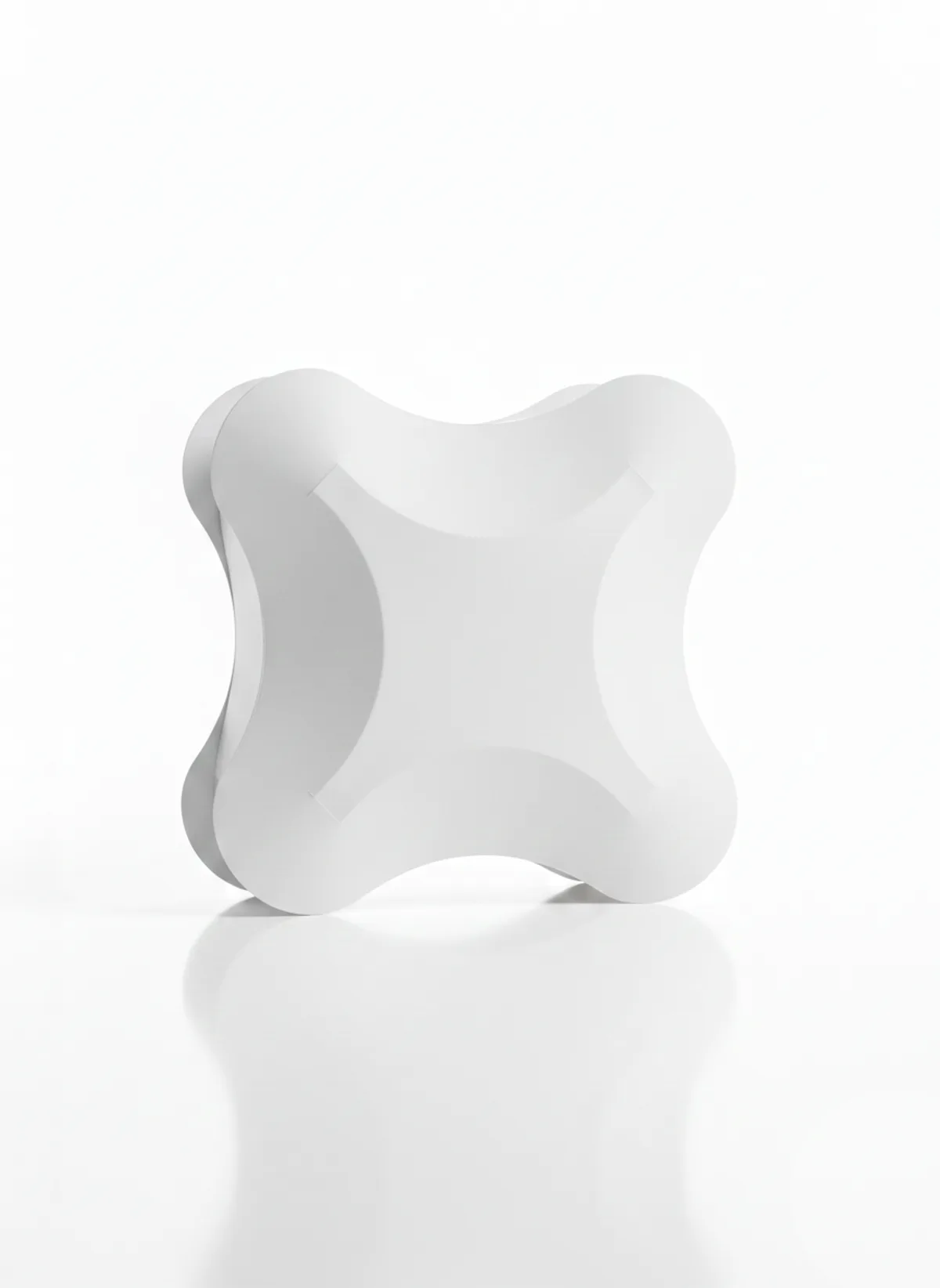 Concept render: a white sculptural product form assembled from bent sheet surfaces